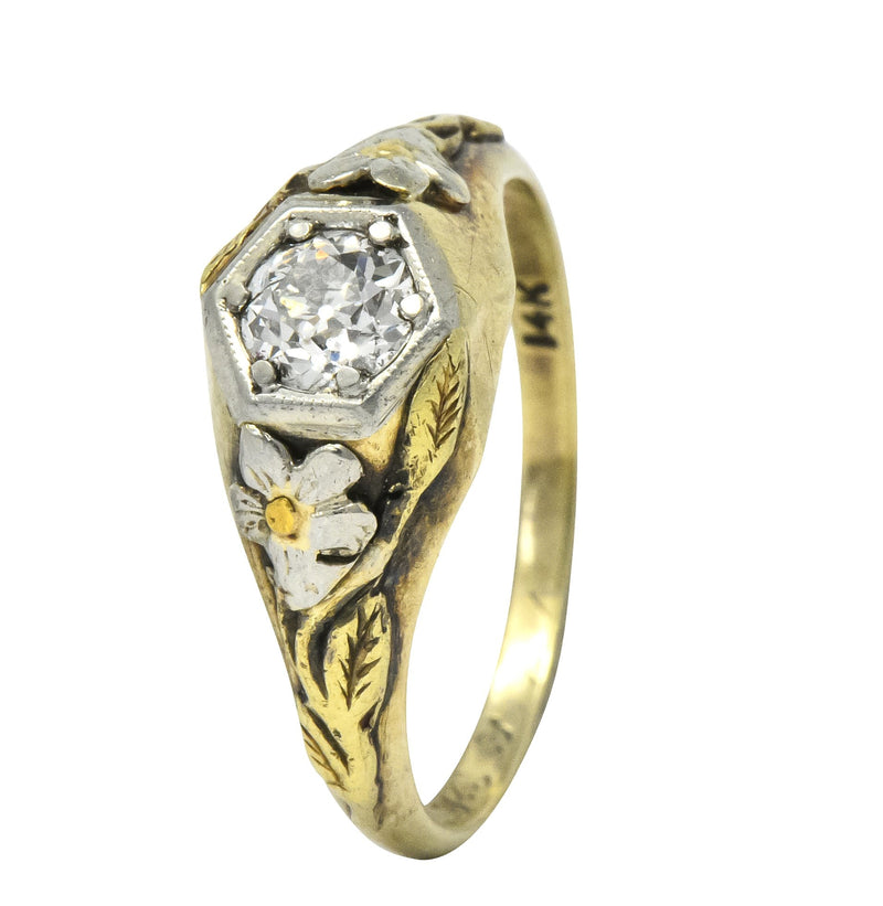 Arts & Crafts 0.42 CTW Diamond 14 Karat Tri-Colored Gold Floral Engagement Ring - Wilson's Estate Jewelry