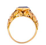 Arts & Crafts 1910 No Heat Hexagonal Sapphire 14 Karat Rose Gold Foliate Ring GIA - Wilson's Estate Jewelry