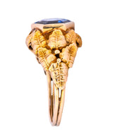 Arts & Crafts 1910 No Heat Hexagonal Sapphire 14 Karat Rose Gold Foliate Ring GIA - Wilson's Estate Jewelry