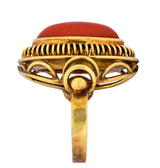 Arts & Crafts Coral Cabochon 14 Karat Gold Statement Ring - Wilson's Estate Jewelry