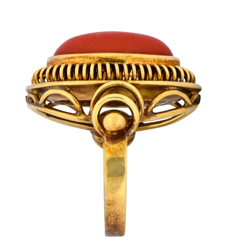 Arts & Crafts Coral Cabochon 14 Karat Gold Statement Ring - Wilson's Estate Jewelry