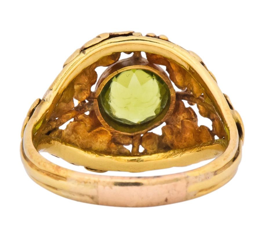 Arts & Crafts Peridot 18 Karat Gold Floral Foliate Ring - Wilson's Estate Jewelry