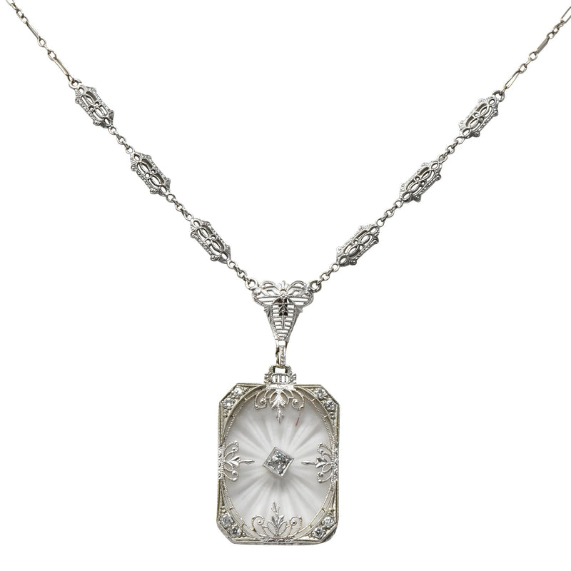 Balogh Art Deco Camphor Glass Diamond 14 Karat White Gold Necklace - Wilson's Estate Jewelry