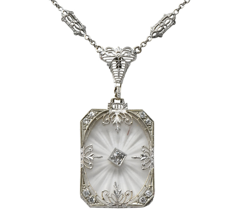 Balogh Art Deco Camphor Glass Diamond 14 Karat White Gold Necklace - Wilson's Estate Jewelry