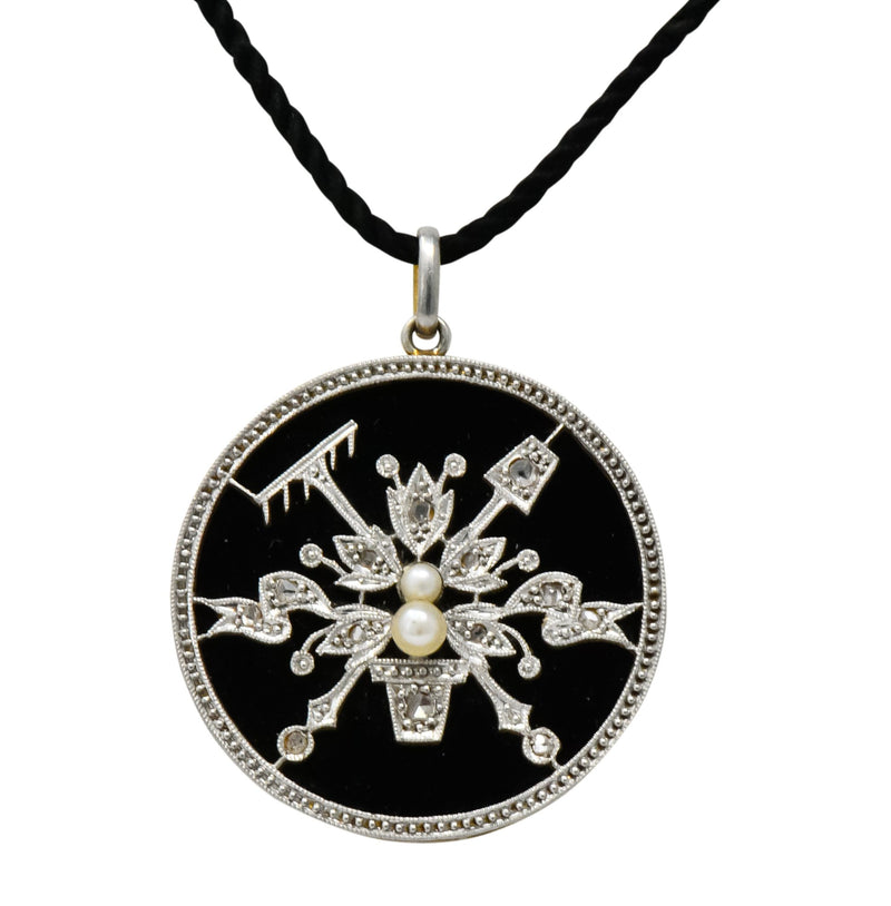 Belle Époque Diamond Onyx Platinum-Topped 18 Karat Gold French Flower Garden Pendant Necklace - Wilson's Estate Jewelry