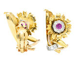 Bernard Weber Retro 1.13 CTW Ruby Diamond Platinum-Topped Flower Ear-Clip Earrings - Wilson's Estate Jewelry