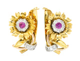 Bernard Weber Retro 1.13 CTW Ruby Diamond Platinum-Topped Flower Ear-Clip Earrings - Wilson's Estate Jewelry
