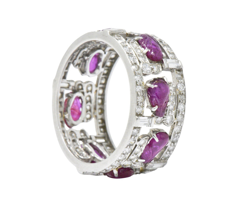 Bold Art Deco 2.50 CTW Diamond Carved Burmese Ruby Platinum Band Ring Wilson's Estate Jewelry