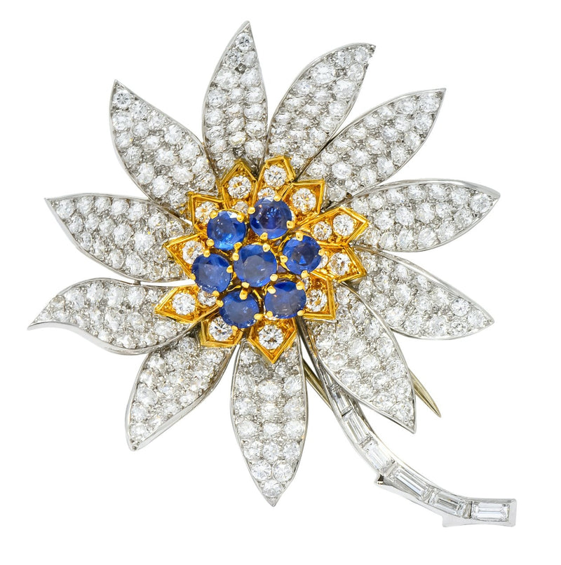 Boucheron Paris 1960's 8.60 CTW Diamond Sapphire Platinum 18 Karat Gold Flower Brooch - Wilson's Estate Jewelry