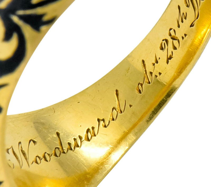 British 1882 Victorian Diamond Onyx Enamel 18 Karat Gold Flower Mourning Ring - Wilson's Estate Jewelry