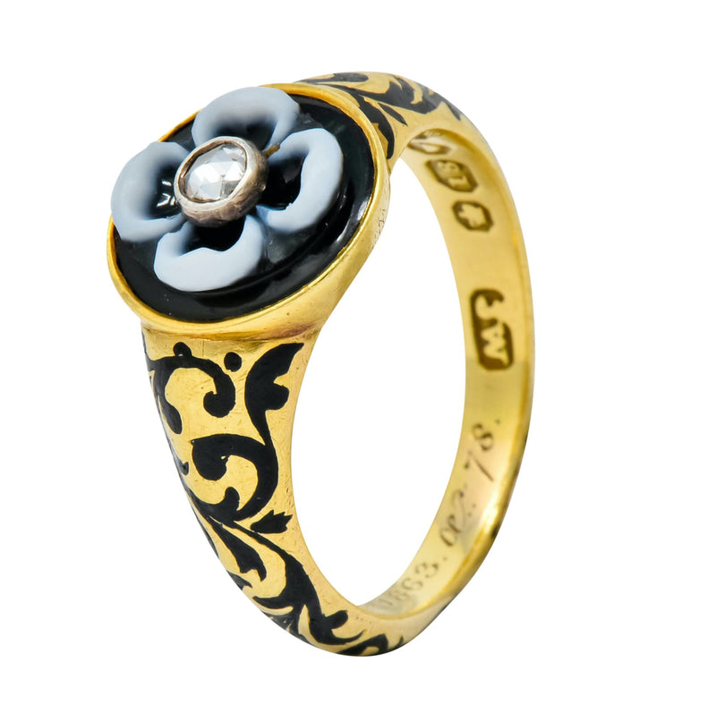 British 1882 Victorian Diamond Onyx Enamel 18 Karat Gold Flower