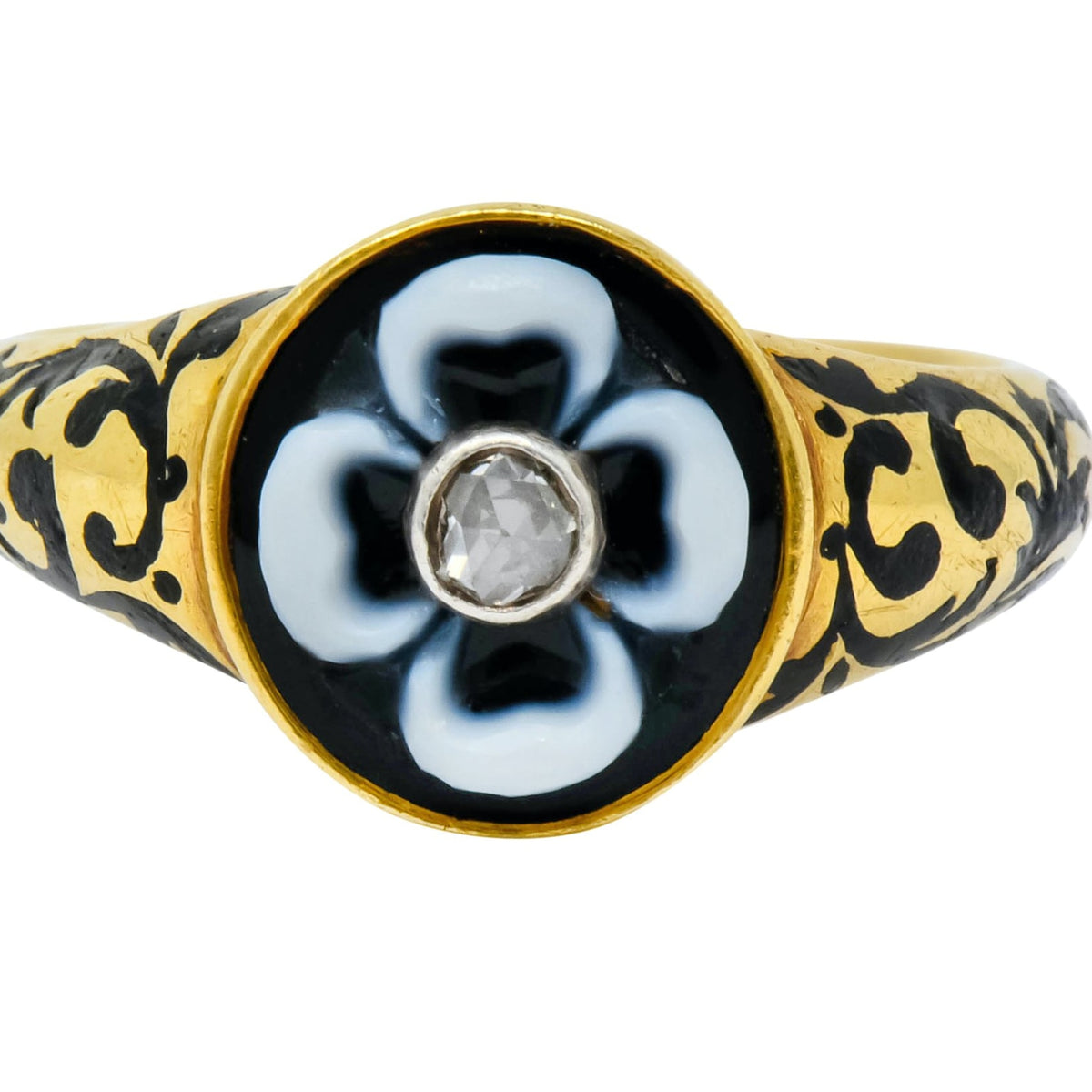 British 1882 Victorian Diamond Onyx Enamel 18 Karat Gold Flower Mourning Ring