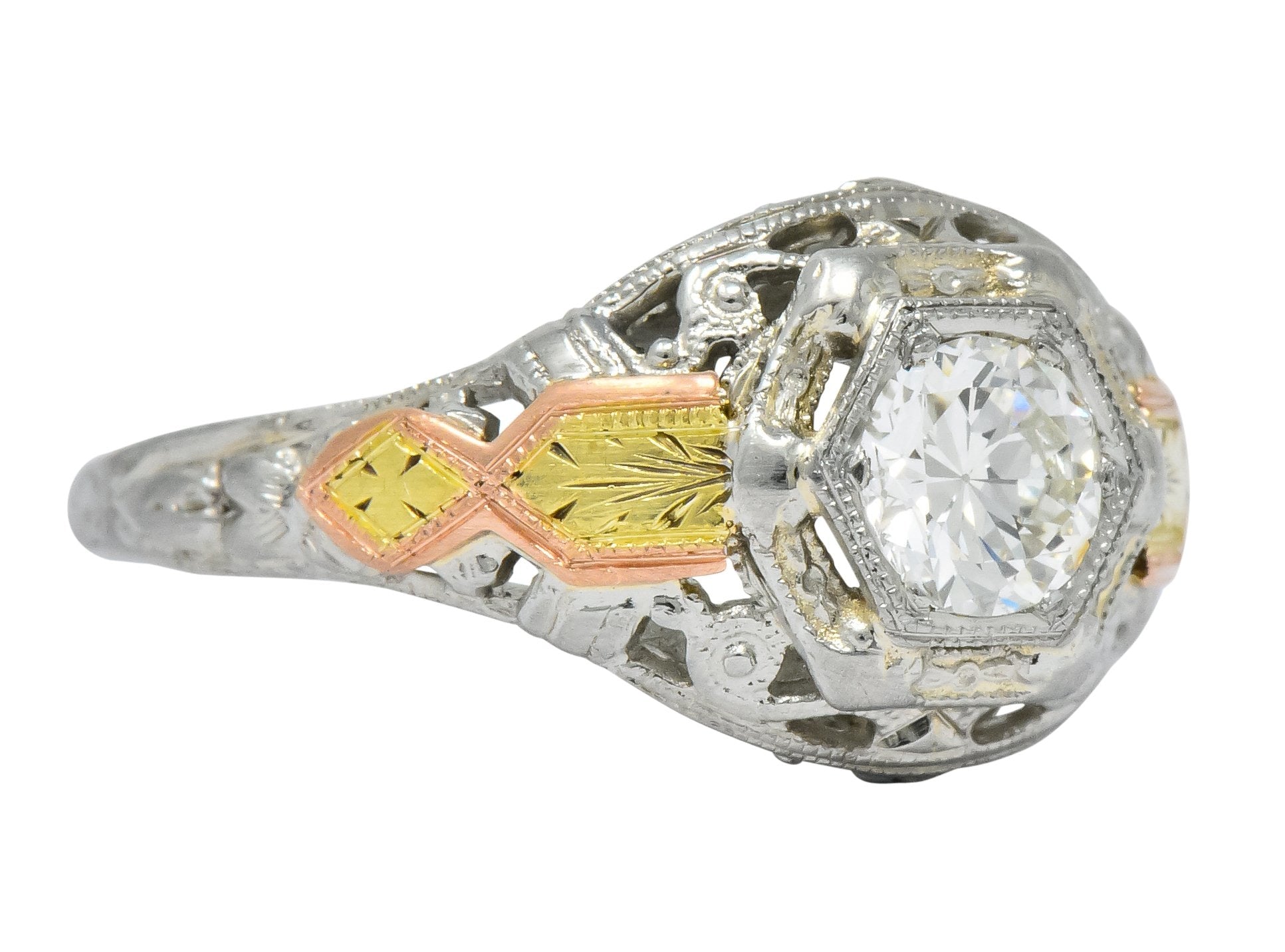 Bud & Blossom Art Deco 0.42 CTW Diamond 14 Karat Tri-Colored Gold Engagement Ring - Wilson's Estate Jewelry