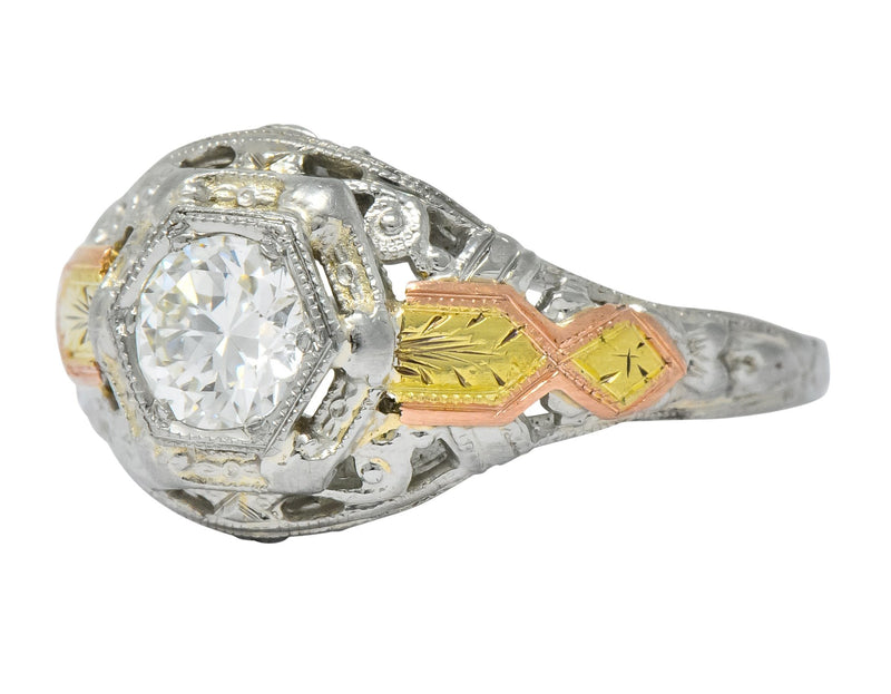Bud & Blossom Art Deco 0.42 CTW Diamond 14 Karat Tri-Colored Gold Engagement Ring - Wilson's Estate Jewelry