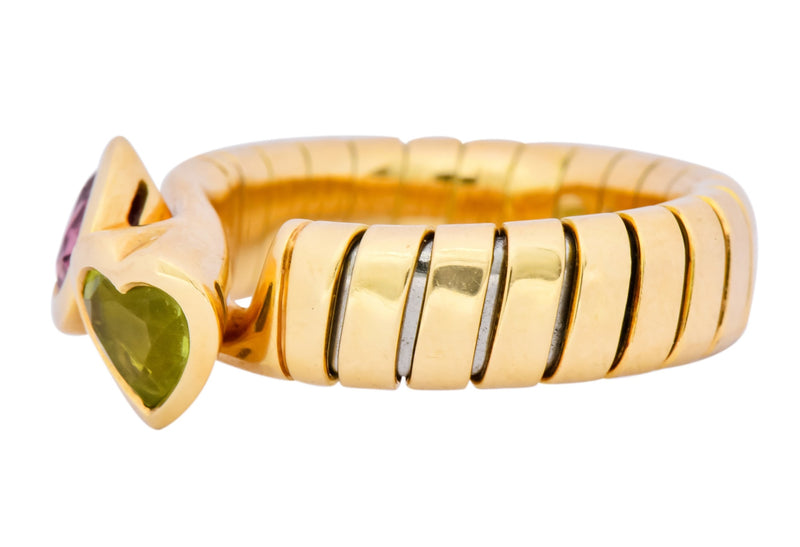 Bulgari 1.50 CTW Pink Tourmaline Peridot 18 Karat Yellow Gold Tubogas Heart Ring - Wilson's Estate Jewelry