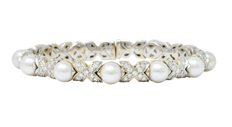 Bulgari 2.88 CTW Diamond Cultured Pearl 18 Karat White Gold X Cuff Bracelet - Wilson's Estate Jewelry