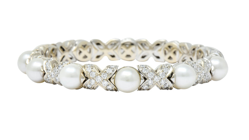 Bulgari 2.88 CTW Diamond Cultured Pearl 18 Karat White Gold X Cuff Bracelet - Wilson's Estate Jewelry