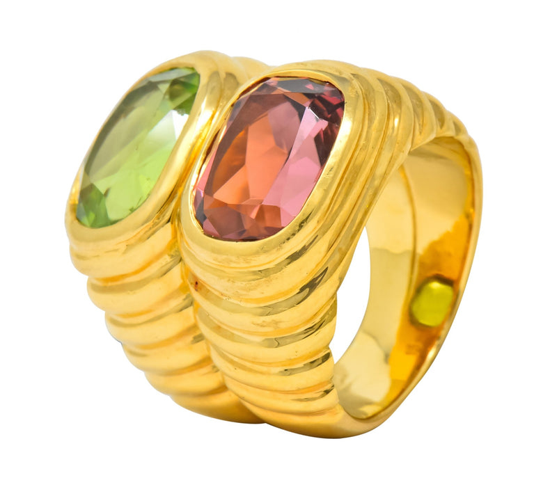 Bulgari 6.10 CTW Peridot Pink Tourmaline 18 Karat Gold Italian Doppio Band Ring - Wilson's Estate Jewelry