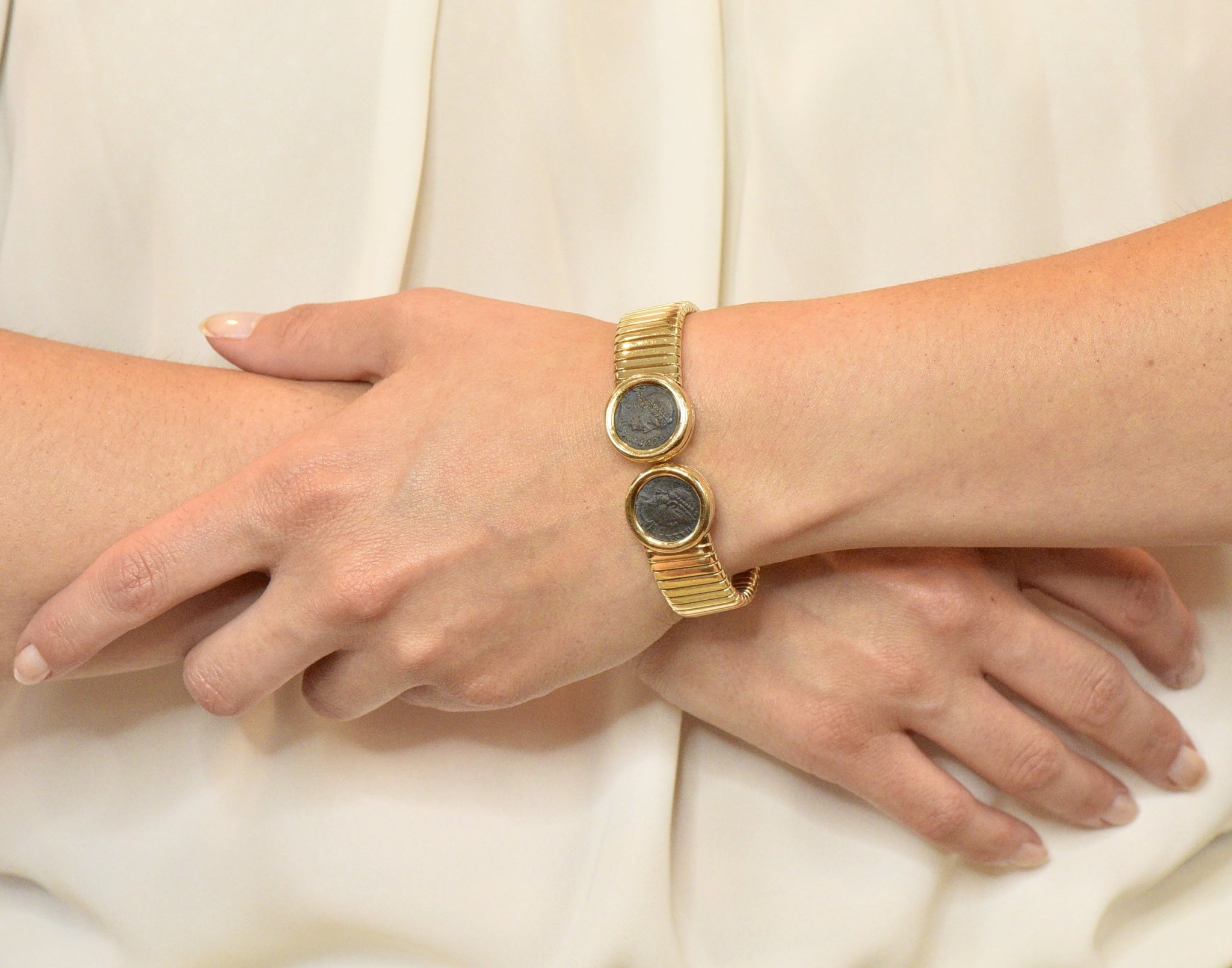Bulgari Ancient Coin 18 Karat Gold Monete Emperor Constans of Rome Bangle Bracelet - Wilson's Estate Jewelry