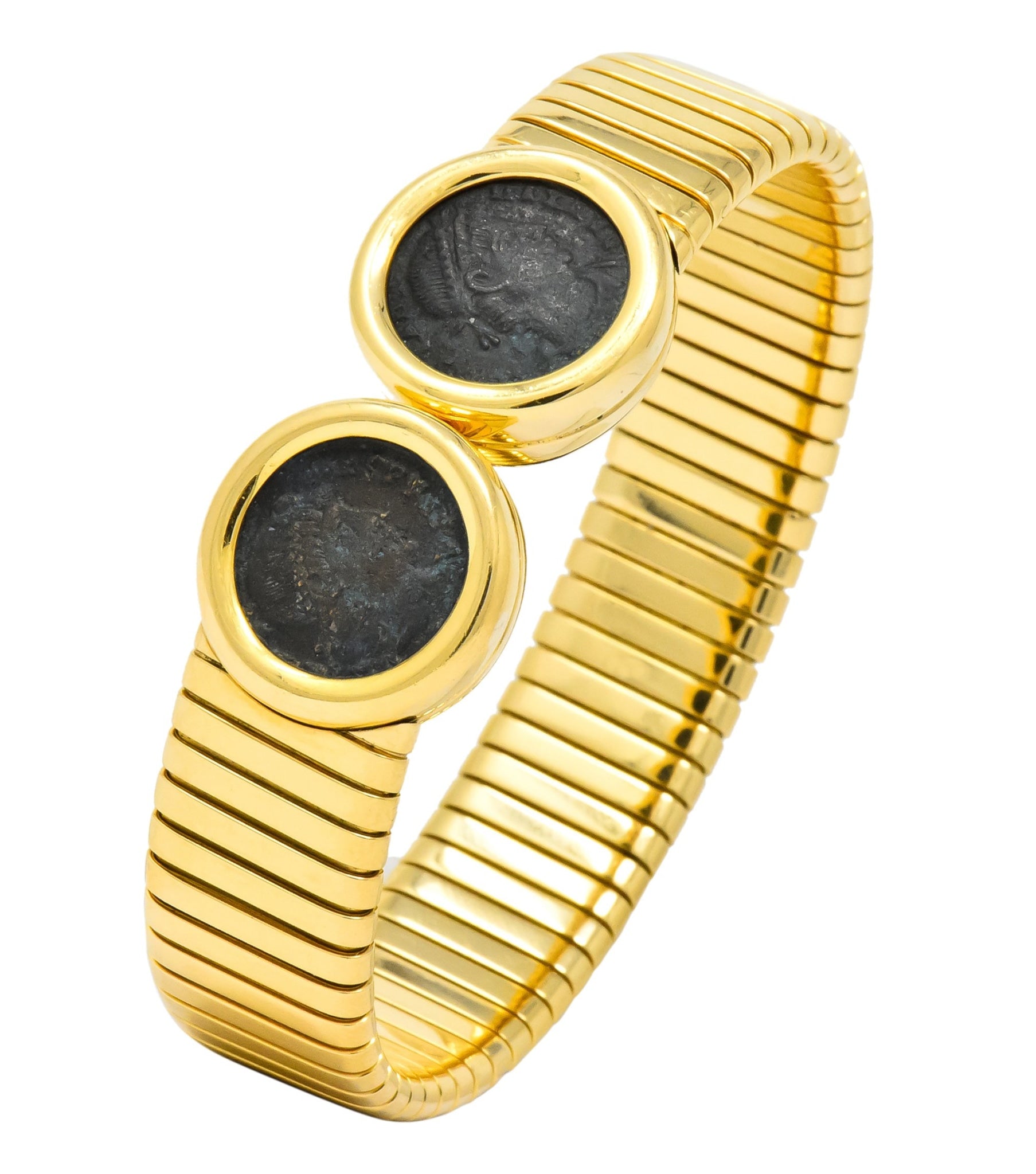 Bulgari Ancient Coin 18 Karat Gold Monete Emperor Constans of Rome Bangle Bracelet - Wilson's Estate Jewelry