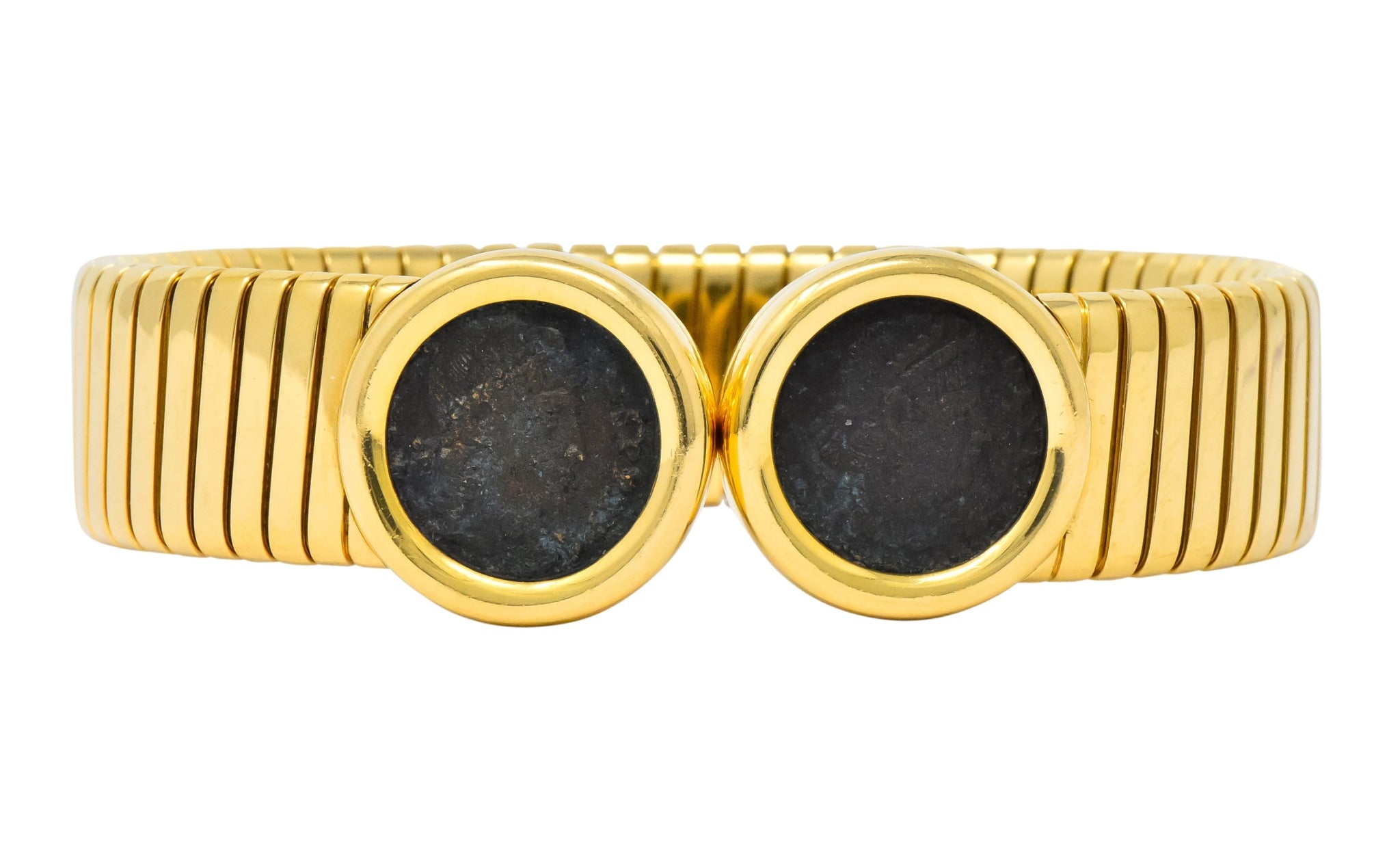 Bulgari Ancient Coin 18 Karat Gold Monete Emperor Constans of Rome Bangle Bracelet - Wilson's Estate Jewelry