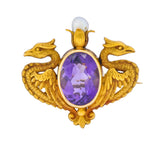Carter & Gough Art Nouveau Amethyst Pearl 14 Karat Gold Winged Basilisk Brooch Circa 1900 - Wilson's Estate Jewelry
