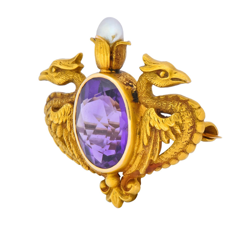 Carter & Gough Art Nouveau Amethyst Pearl 14 Karat Gold Winged Basilisk Brooch Circa 1900 - Wilson's Estate Jewelry