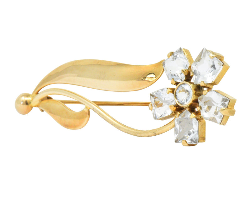 Cartier 1940's Retro Fancy Cut Aquamarine 14 Karat Gold Flower Brooch Wilson's Estate Jewelry