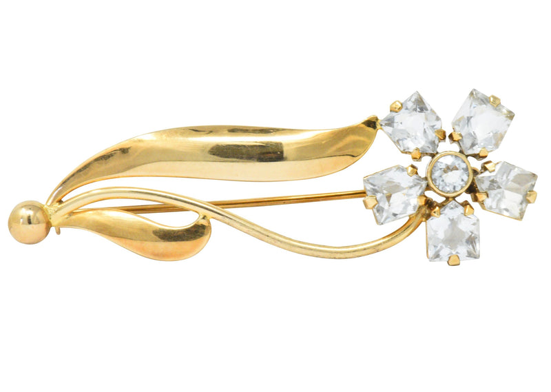 Cartier 1940's Retro Fancy Cut Aquamarine 14 Karat Gold Flower Brooch Wilson's Estate Jewelry