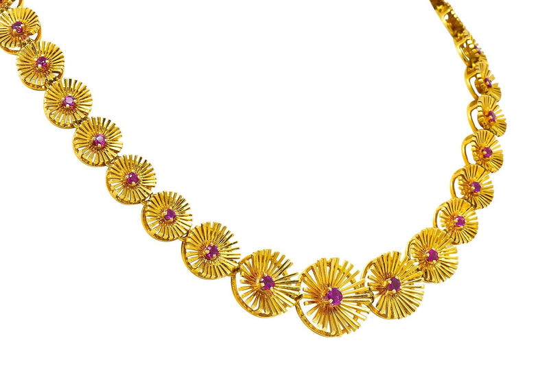 Cartier 1950's Retro Ruby 18 Karat Yellow Gold Flower Disc Collar Necklace - Wilson's Estate Jewelry