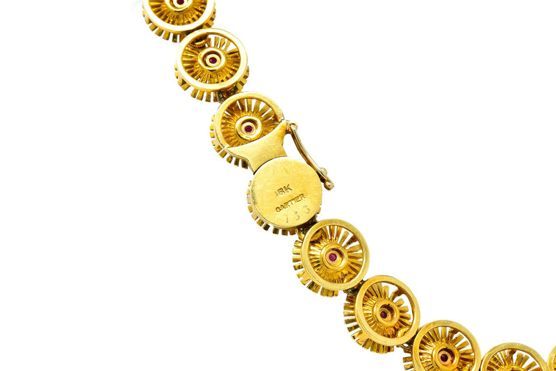 Cartier 1950's Retro Ruby 18 Karat Yellow Gold Flower Disc Collar Necklace - Wilson's Estate Jewelry