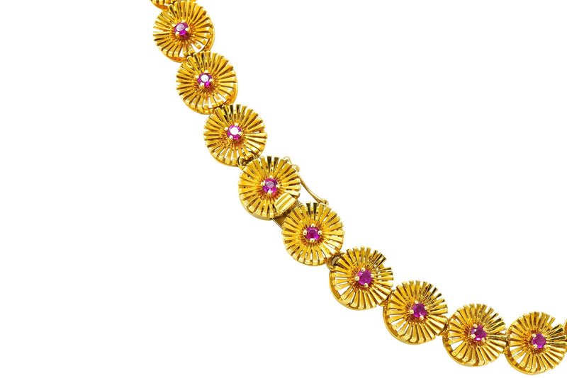 Cartier 1950's Retro Ruby 18 Karat Yellow Gold Flower Disc Collar Necklace - Wilson's Estate Jewelry