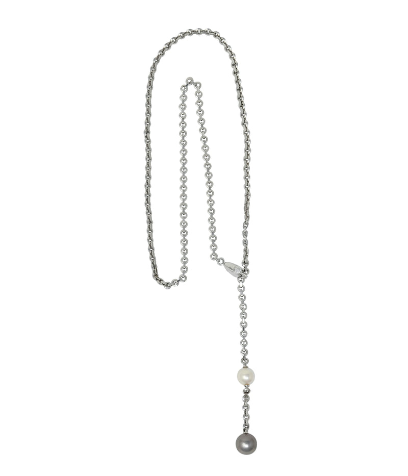 Cartier 2001 Diamond Cultured Pearl 18 Karat White Gold Lariat Drop Necklace - Wilson's Estate Jewelry