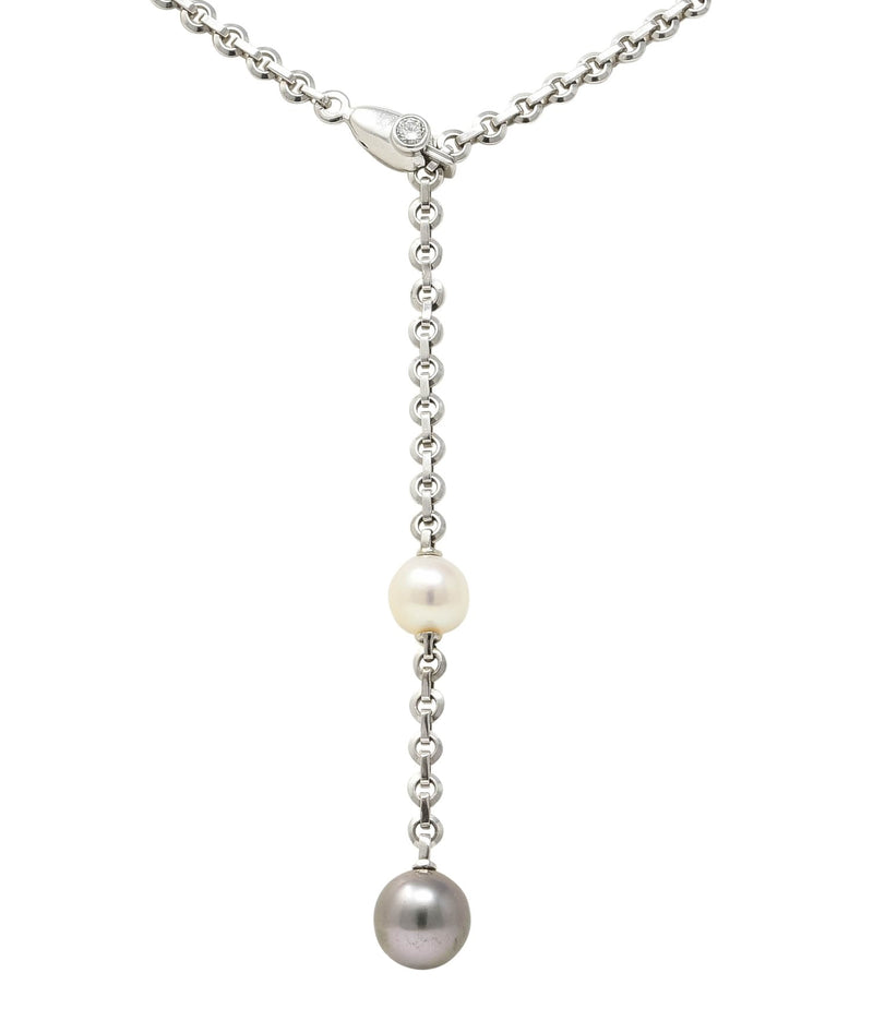 Cartier 2001 Diamond Cultured Pearl 18 Karat White Gold Lariat Drop Necklace - Wilson's Estate Jewelry