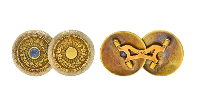 Chas. Keller Co. Sapphire 14 Karat Gold Men's Art Deco Disk Cufflinks - Wilson's Estate Jewelry