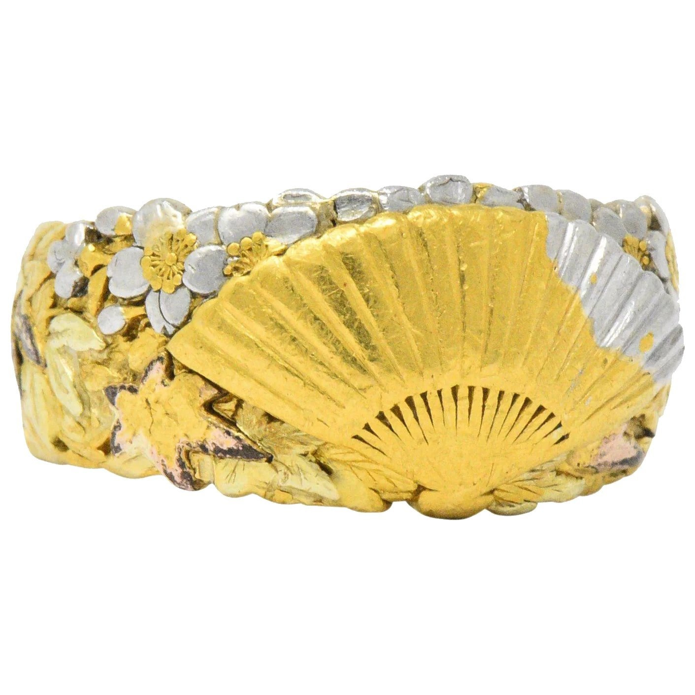 Chinese Late Victorian Tri-Color 22 Karat Gold Platinum Fan Band Ring Wilson's Estate Jewelry