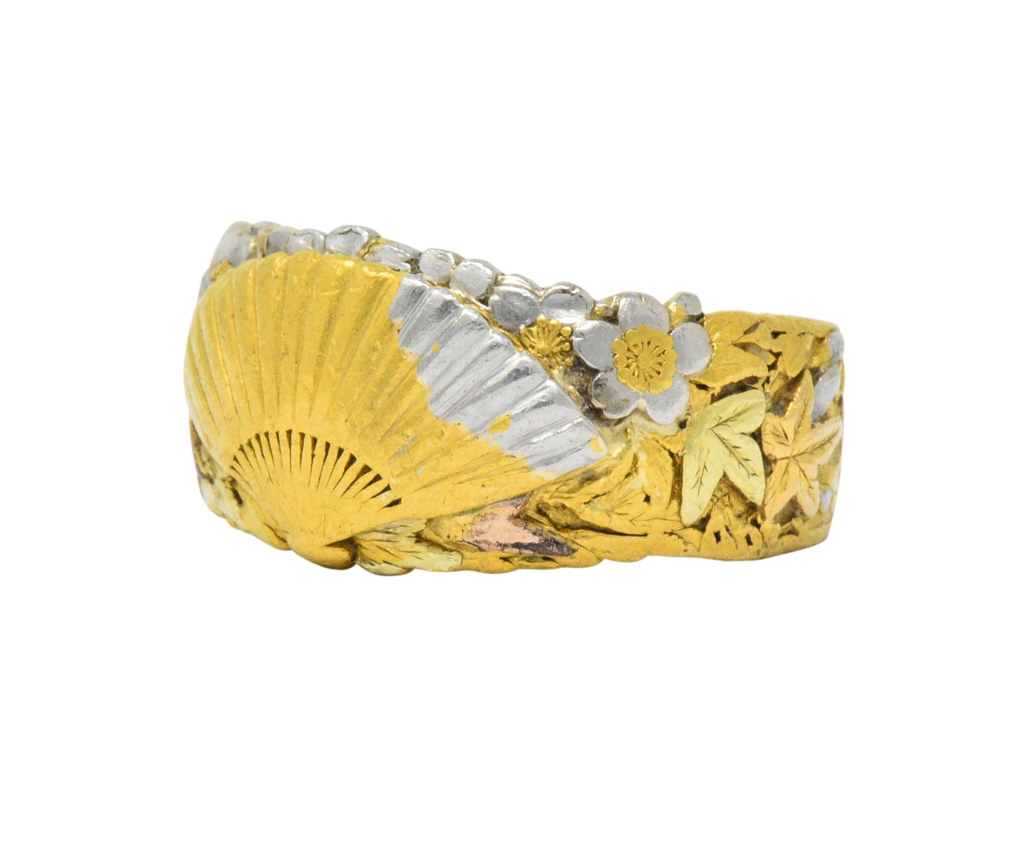 Chinese Late Victorian Tri-Color 22 Karat Gold Platinum Fan Band Ring Wilson's Estate Jewelry