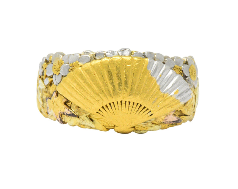 Chinese Late Victorian Tri-Color 22 Karat Gold Platinum Fan Band Ring Wilson's Estate Jewelry