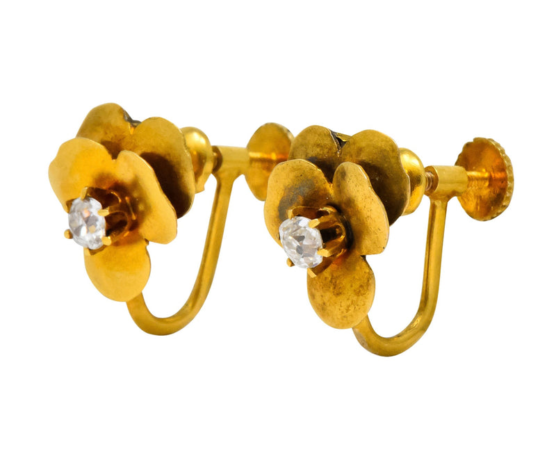 Church & Company Retro Diamond 14 Karat Gold Pansy Flower Earrings Wilson's Estate Jewelry