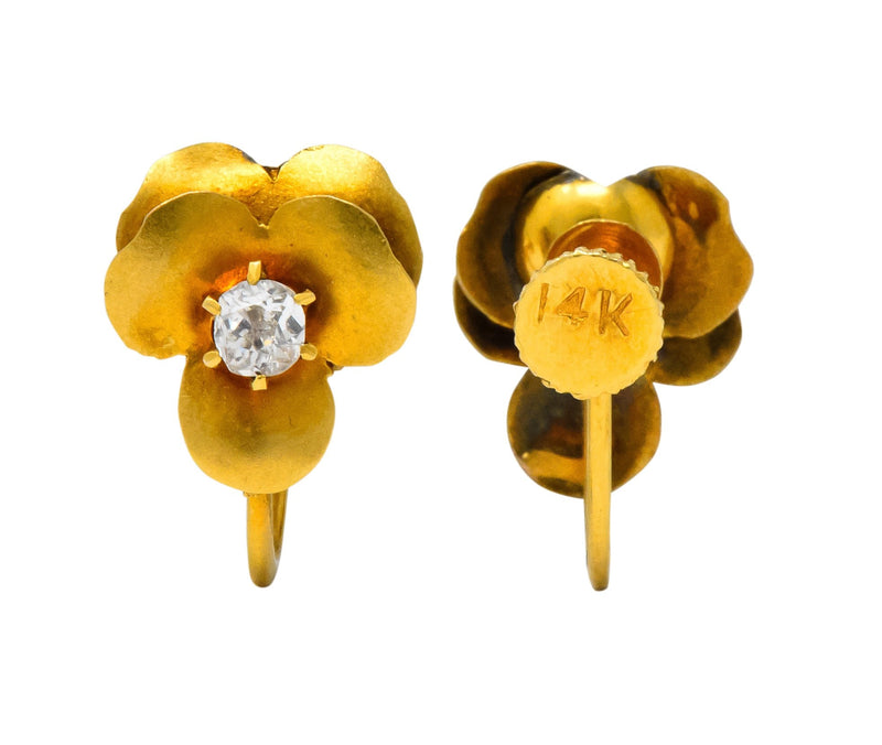Church & Company Retro Diamond 14 Karat Gold Pansy Flower Earrings Wilson's Estate Jewelry