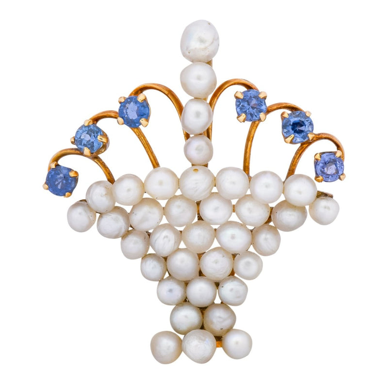 Circa 1900 Edwardian Pearl Sapphire 14 Karat Gold Flower Basket Pendant - Wilson's Estate Jewelry