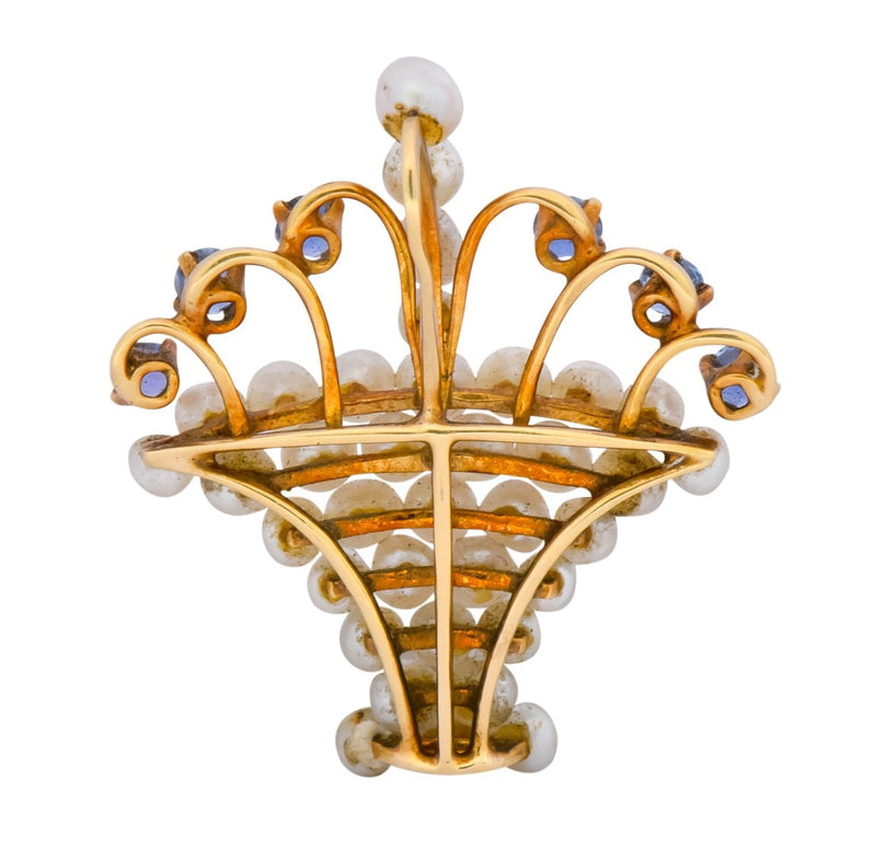 Circa 1900 Edwardian Pearl Sapphire 14 Karat Gold Flower Basket Pendant - Wilson's Estate Jewelry