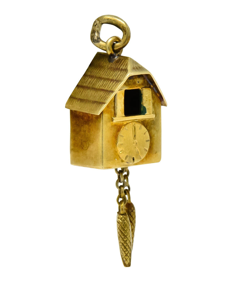 Circa 1905 Antique Enamel 14 Karat Gold German Cuckoo Clock Charm - Wilson's Estate Jewelry