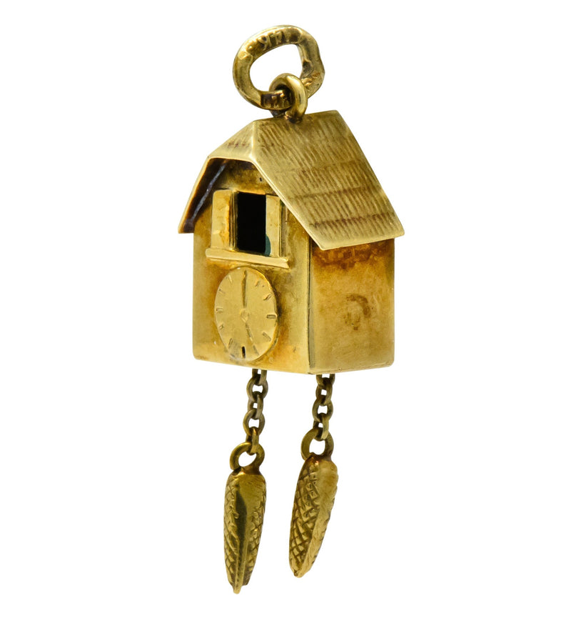 Circa 1905 Antique Enamel 14 Karat Gold German Cuckoo Clock Charm - Wilson's Estate Jewelry
