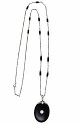 Circa 1910 Edwardian Diamond Natural Pearl Onyx Platinum Long Chain Necklace - Wilson's Estate Jewelry