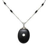 Circa 1910 Edwardian Diamond Natural Pearl Onyx Platinum Long Chain Necklace - Wilson's Estate Jewelry