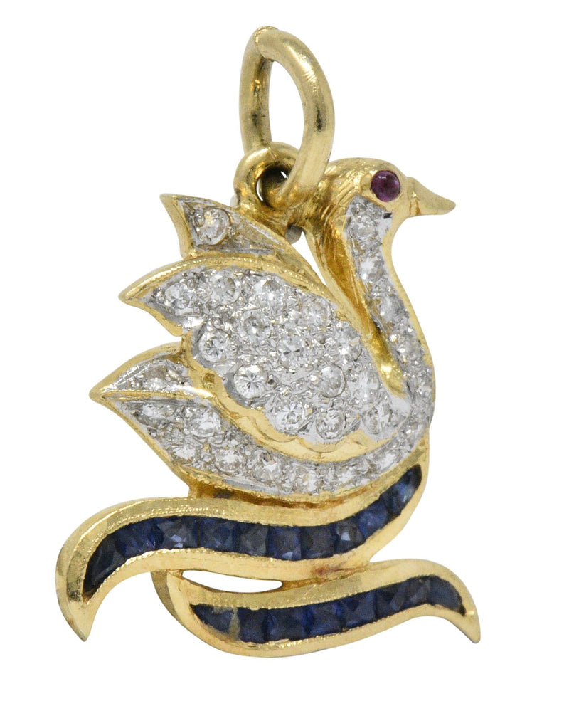 Circa 1980's Vintage 0.40 CTW Diamond Sapphire Ruby 18 Karat Gold Swan Charm Wilson's Estate Jewelry