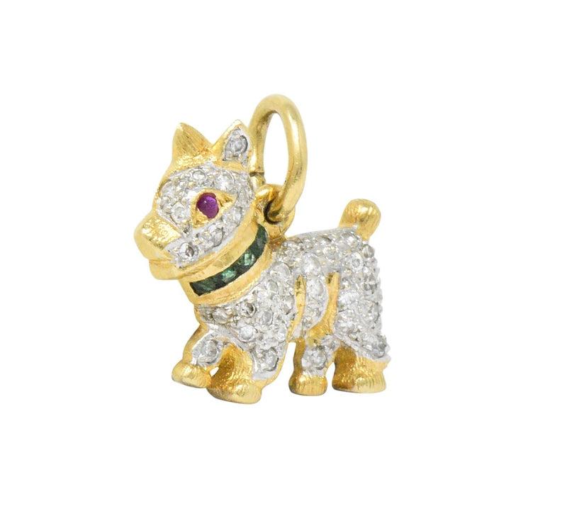 1980's Vintage 0.55 CTW Diamond Emerald 18 Karat Two-Tone Gold Scottie Terrier Charm Wilson's Estate Jewelry