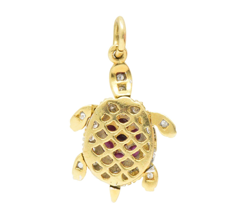Circa 1980's Vintage 0.56 CTW Diamond Ruby 18 Karat Gold Turtle Charm Wilson's Estate Jewelry