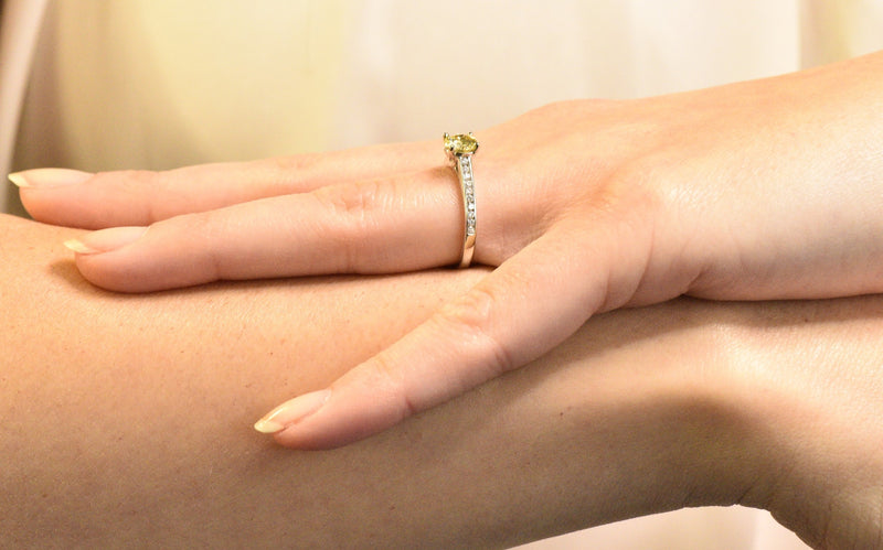 Contemporary 0.79 CTW Fancy Yellow Diamond 14 Karat White Gold Engagement Ring GIA Wilson's Estate Jewelry
